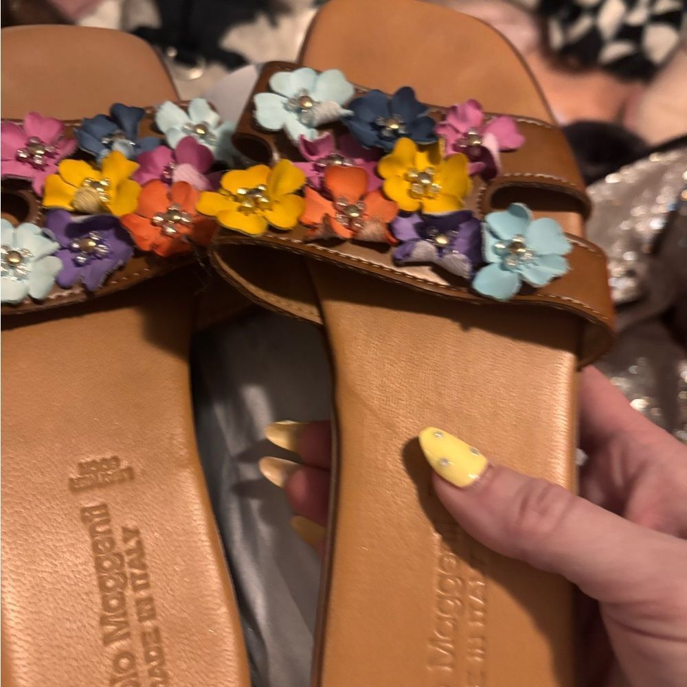Brown Sandals with Multicolored Floral Accents